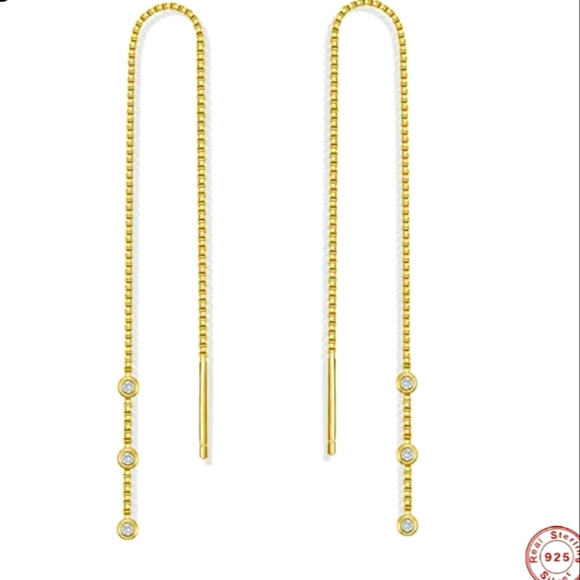 2/$25 Linear Drop Three Stone Cz Trio Gold Threader Dangle Earrings - Picture 1 of 5